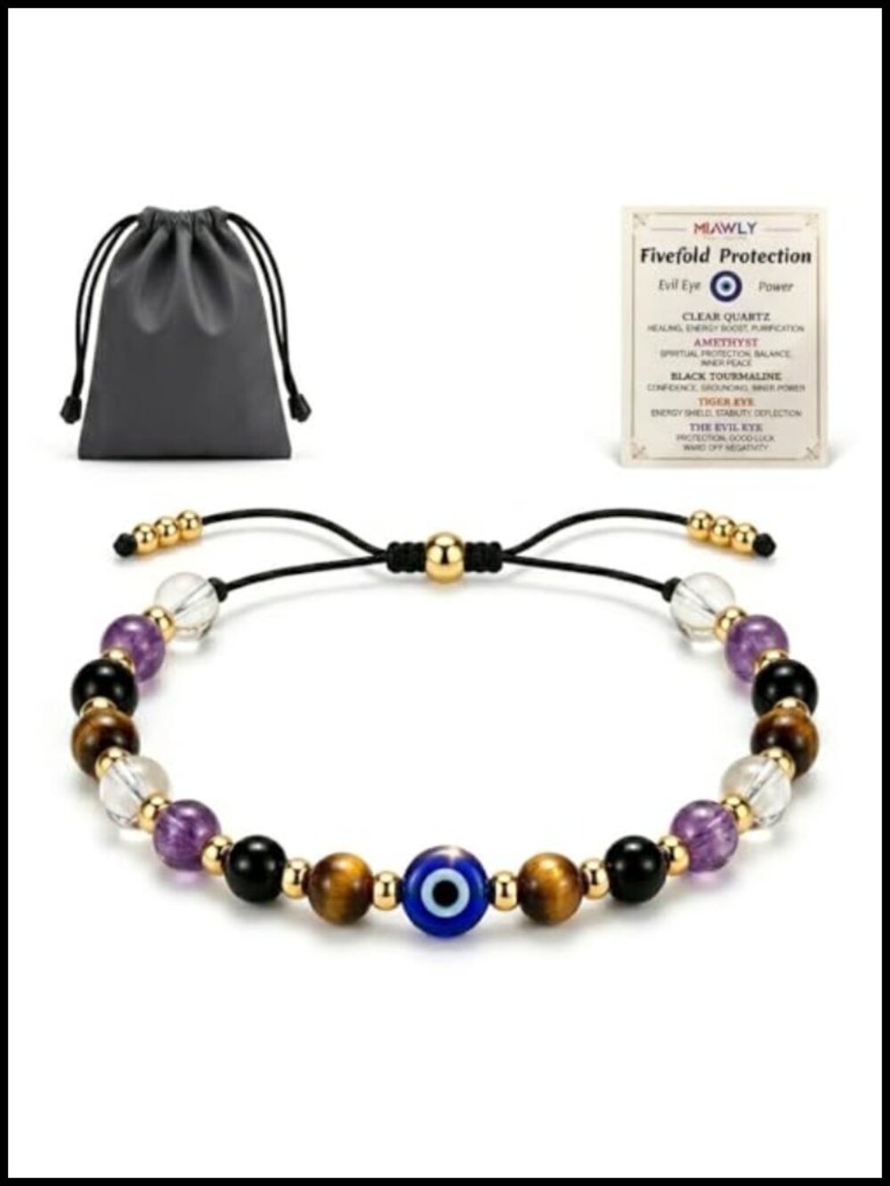 Natural Crystal Evil Eye Bracelet Adjustable Sliding Knot Unisex Spiritual